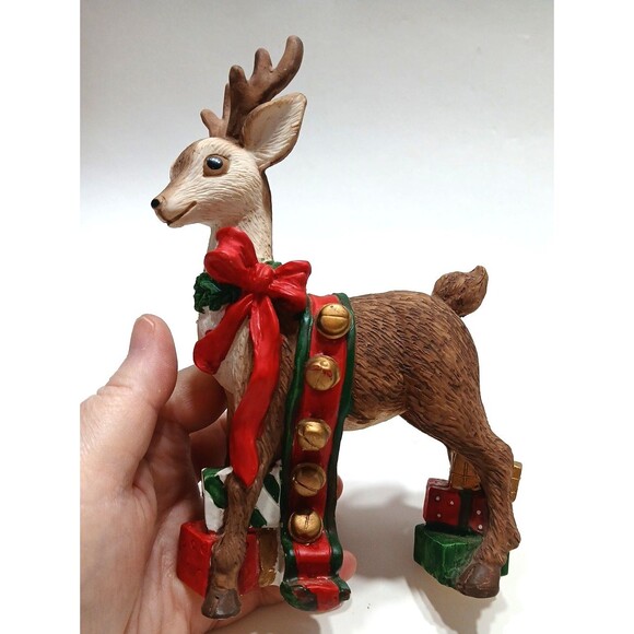 Pair Of Reindeer Sleighbells Bows Gifts 7 Inches Tall and 5.5 Inches Tall - Picture 9 of 10